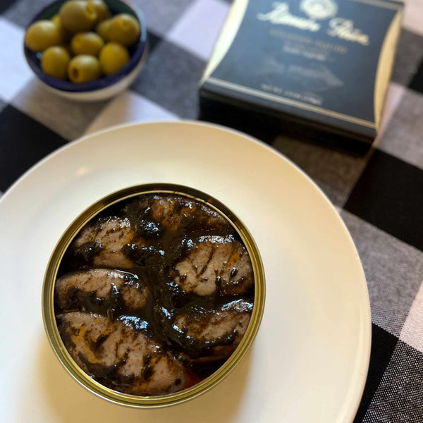 Ramón Peña Stuffed Squid in their own Ink - served in an opened tin