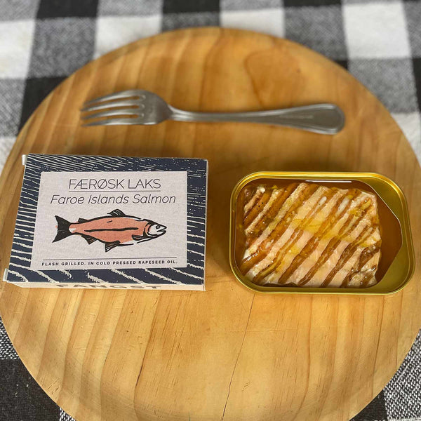 Fangst Faroe Islands Salmon Flash Grilled in Cold Pressed Rapeseed Oil in a opened tin