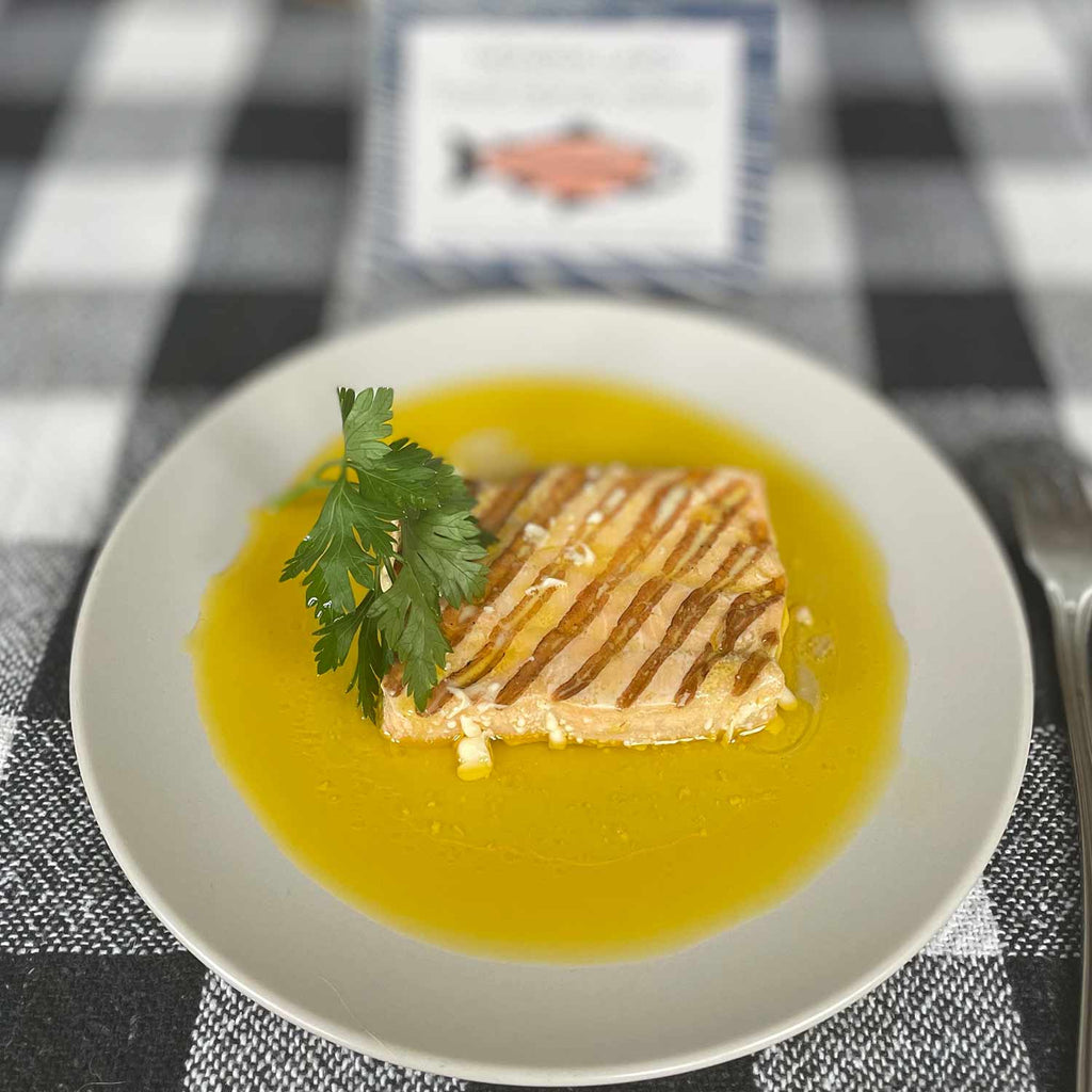 Fangst Faroe Islands Salmon Flash Grilled in Cold Pressed Rapeseed Oil served on a plate