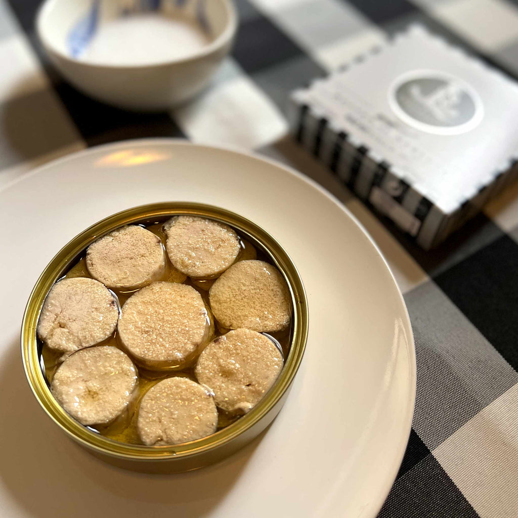 Real Conservera Española Hake Roe in Olive Oil - served out of an opened can