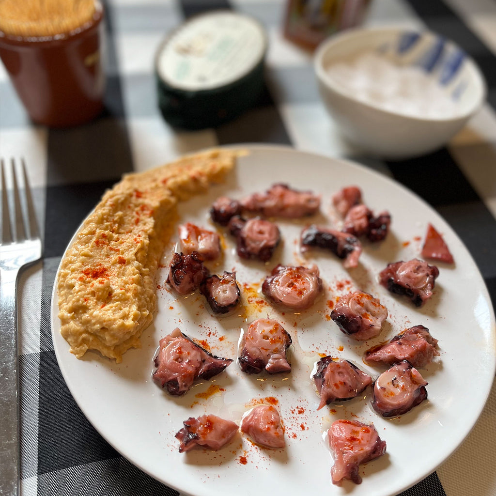Conservas de Cambados Octopus in Olive Oil - beautifully served with humus